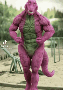 a statue of a muscular purple dinosaur with a tiktok watermark