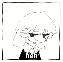 a black and white drawing of a girl with the word heh above her