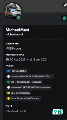 a screenshot of michael masi 's profile on a dark background