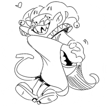 a black and white drawing of a cartoon character holding another character .