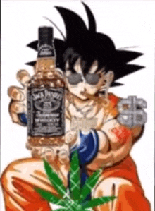 a cartoon character is holding a bottle of jack daniels and a marijuana plant .