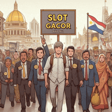 a group of people marching with a sign that says slot gacor gold fill