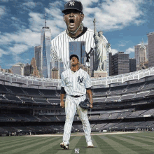 a man in a ny yankees uniform is standing on a baseball field in front of the statue of liberty