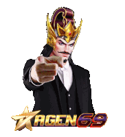 a man in a suit and a crown pointing at the camera with agen 69 written below him