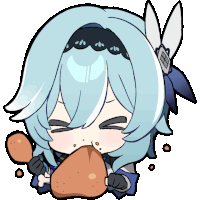 a cartoon girl with blue hair is eating a large piece of meat