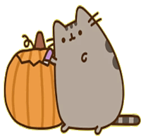 a cartoon cat is standing next to a pumpkin with the letter g on it