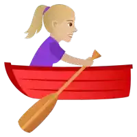 a woman in a purple shirt is paddling a red boat