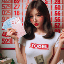 a woman wearing a t-shirt that says ' togel ' is holding a lottery ticket