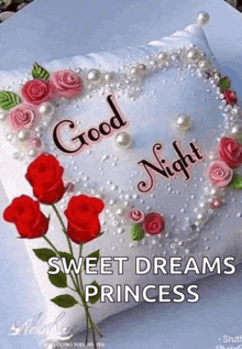 a good night sweet dreams princess pillow with red roses and pearls .