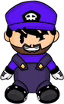 a stuffed mario wearing a purple hat and overalls is sitting on a white background .