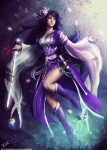 a woman in a purple dress holding a sword