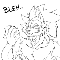 a black and white drawing of a werewolf with the word bleh above it