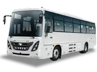 a white eicher bus is sitting on a white surface