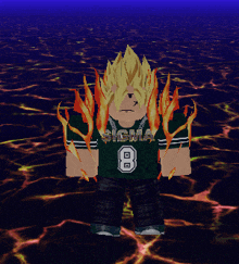 a cartoon character is wearing a green sigma shirt with flames coming out of it