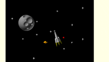 a computer generated image of a space scene with a moon and a rocket