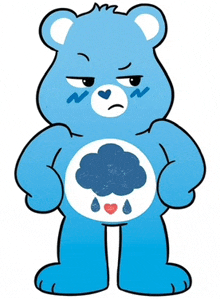 a blue care bear with a cloud on his belly