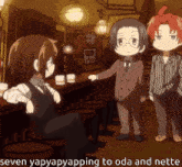 a cartoon of a man in a suit talking to two other people with the caption seven yapyapping to oda and nette