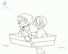 a black and white drawing of two people in a boat with a paddle .