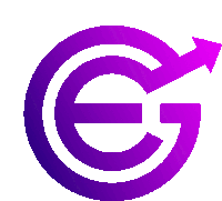 a purple and white logo with an arrow pointing to the right