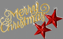 a gold merry christmas sign with red stars behind it