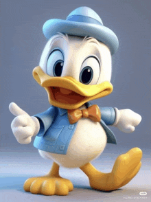 donald duck is wearing a blue jacket and a hat