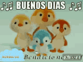 a group of stuffed penguins are standing next to each other with the words buenos dias benedictiones mil written on the bottom