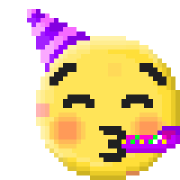 a pixel art of a smiley face wearing a party hat blowing a kiss