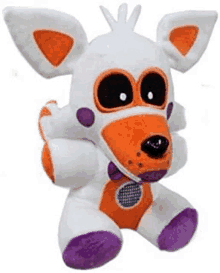 a white and orange stuffed animal with purple feet and ears .