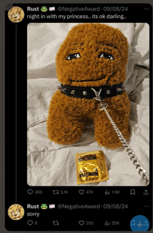 a screen shot of a stuffed animal with a magnum condom