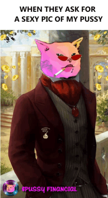 a man in a suit and tie with a pink cat on his head smoking a cigarette