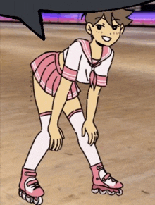 a cartoon girl is wearing roller skates and knee high socks .