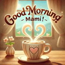 a cup of coffee on a saucer with the words good morning mami written on it