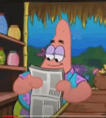 patrick star from spongebob reading a newspaper in front of a thatched roof