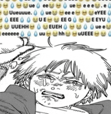 a black and white drawing of a man with tears running down his face surrounded by emojis