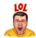 a man wearing glasses and a yellow shirt is laughing with his mouth open and a sticker on his head that says lol .