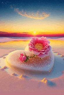 a pink flower is sitting on top of a heart shaped object in the sand .