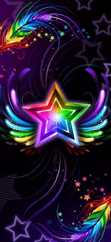 a rainbow star with wings and feathers on a black background