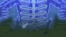 a close up of a person 's skeleton with a blue light coming out of it .