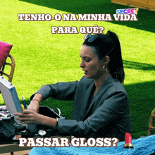 a woman is sitting at a table with a briefcase in front of her and the words " passar gloss " written above her