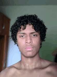 a shirtless young man with curly hair is taking a selfie in a room .