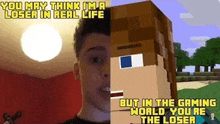 a man is standing next to a minecraft character and a picture of himself .