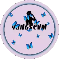 a pink circle with the word yungscum and blue butterflies