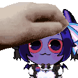 a person is petting a purple cartoon character with a hat on her head .