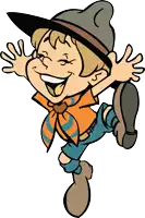 a cartoon of a boy wearing a hat and shorts