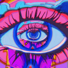 a colorful psychedelic painting of a woman 's eye with a rainbow colored background .