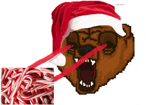 a pixel art of a bear wearing a santa hat with candy canes in the background