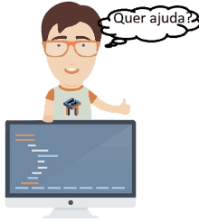 a cartoon of a man giving a thumbs up next to a computer monitor with a speech bubble that says quer ajuda