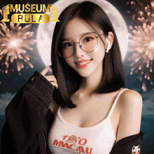 a woman wearing glasses and a tank top that says " too macau "