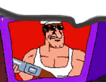 a pixel art of a man holding a gun in a purple car