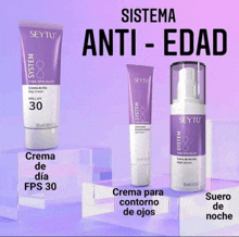 seytu anti-edad products are shown on a purple background